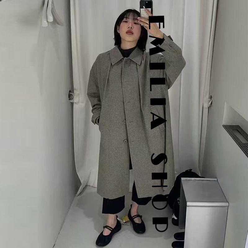 买手店正品折扣现货韩国AMOMENTO喇叭廓形褶皱灰色外套风衣女