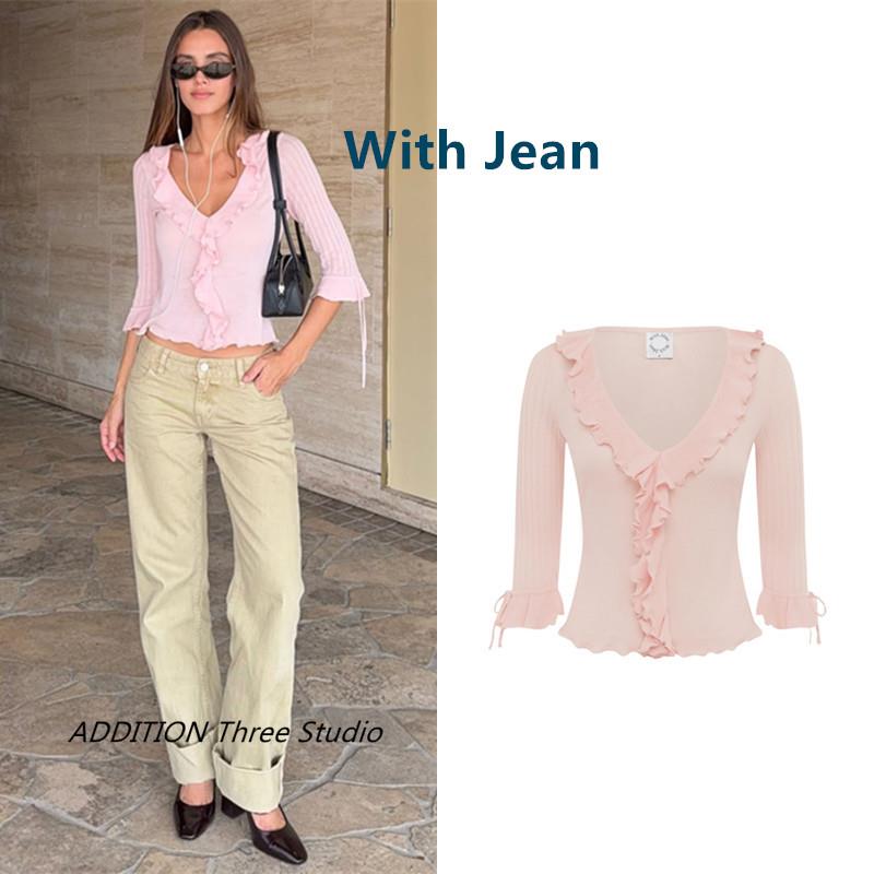正品 With Jean 26春夏新款淡粉色木耳边低V领弹性罗纹针织衫上衣