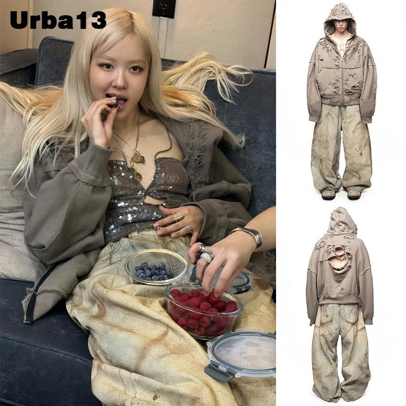 Urba13买手店正品Latuiatelier卫衣关晓彤Rose同款做旧破洞连帽衫