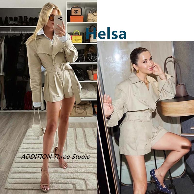 折扣 Helsa 25早秋新品摩登时髦英伦风衣腰带收腰长袖连体短裤女