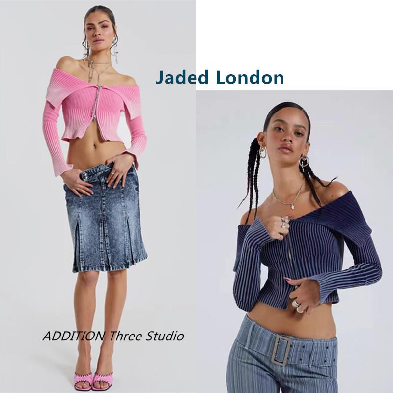 折扣 Jaded London 金智妮同款辣妹一字肩拉链长袖短款针织衫毛衣