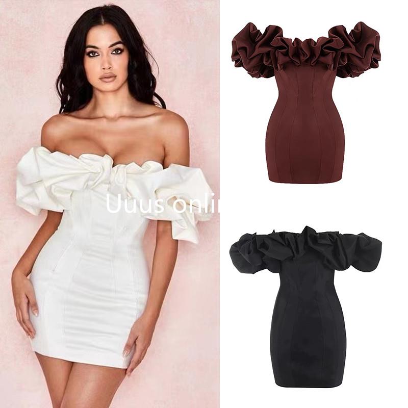性感一字肩法式鱼骨抹胸礼服裙