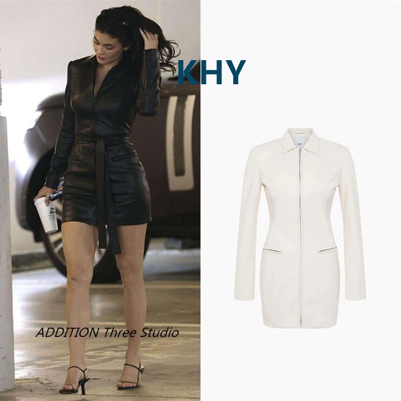 正品 KHY 26春季新款Kylie同款翻领双拉链人造皮革夹克西装连衣裙