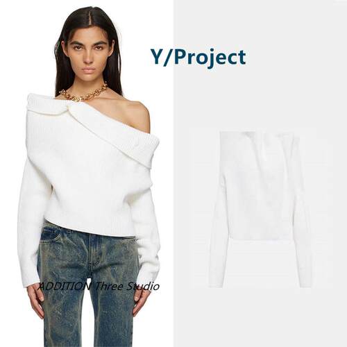 折扣 Y/Project 秋冬款简约慵懒风金属挂链斜领露肩套头针织衫女