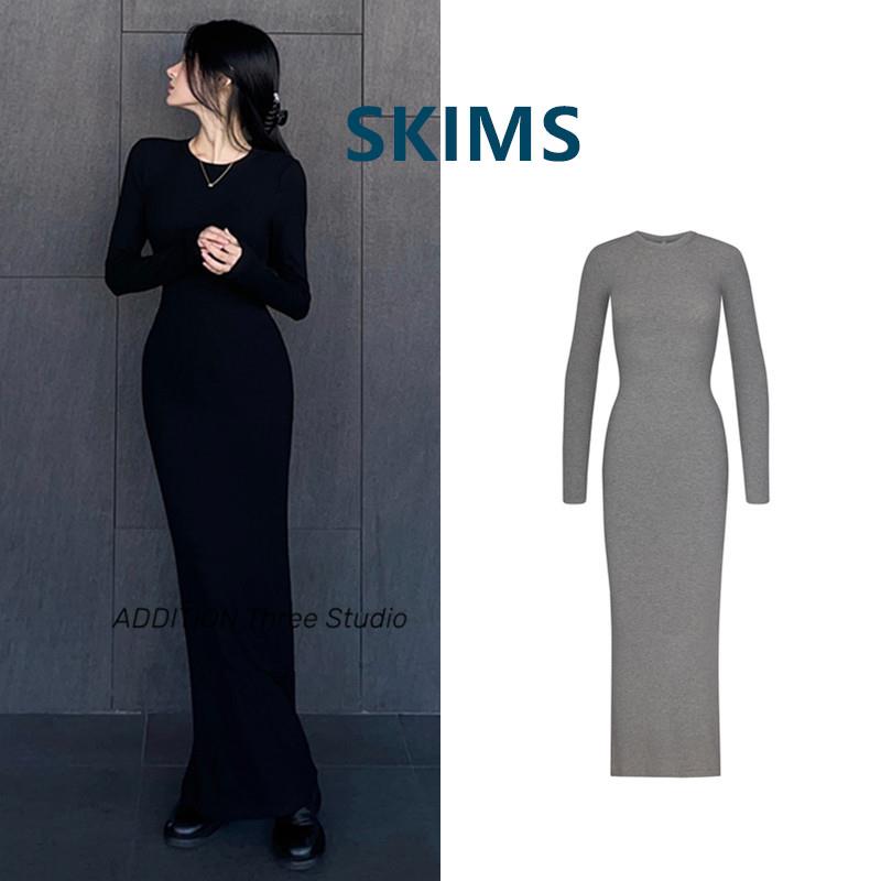 正品 SKIMS 卡戴珊同款纯色性感修身显瘦长袖包臀裙长款连衣裙女