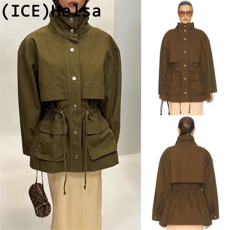 ice买手店正品现货Helsa外套军绿色抽绳收腰多口袋风衣夹克上衣女