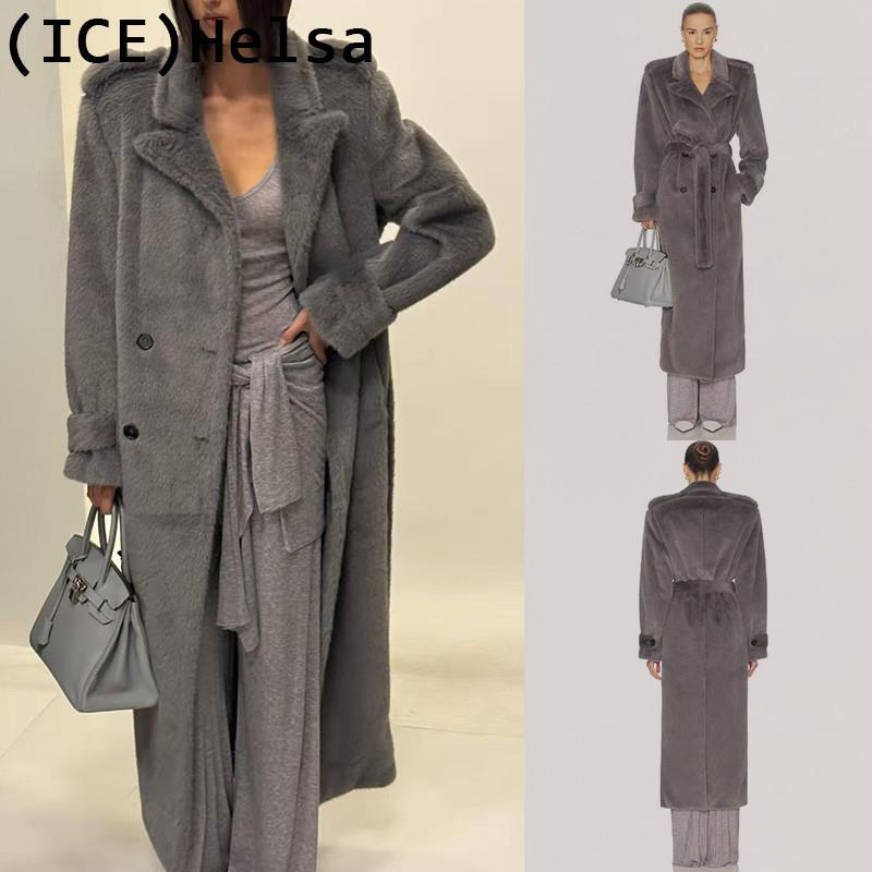 ice买手店美国现货正品Helsa烟灰色毛茸茸垫肩宽松风衣长款外套女
