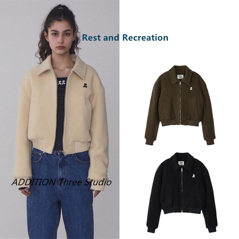 折扣 Rest and Recreation 字母印花翻领拉链毛呢短款夹克外套