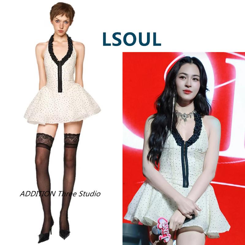 越南 Lsoul 25春夏新款甜美赫本风波点蕾丝收腰挂脖短款连衣裙