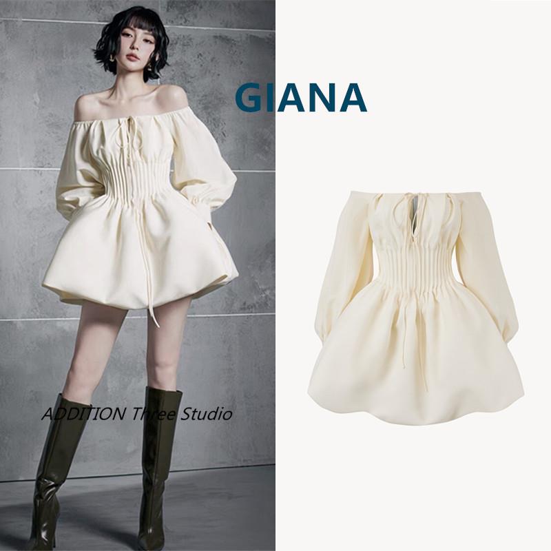 越南正品 GIANA 25春夏新款米白色一字肩绑带收腰A字长袖连衣裙女