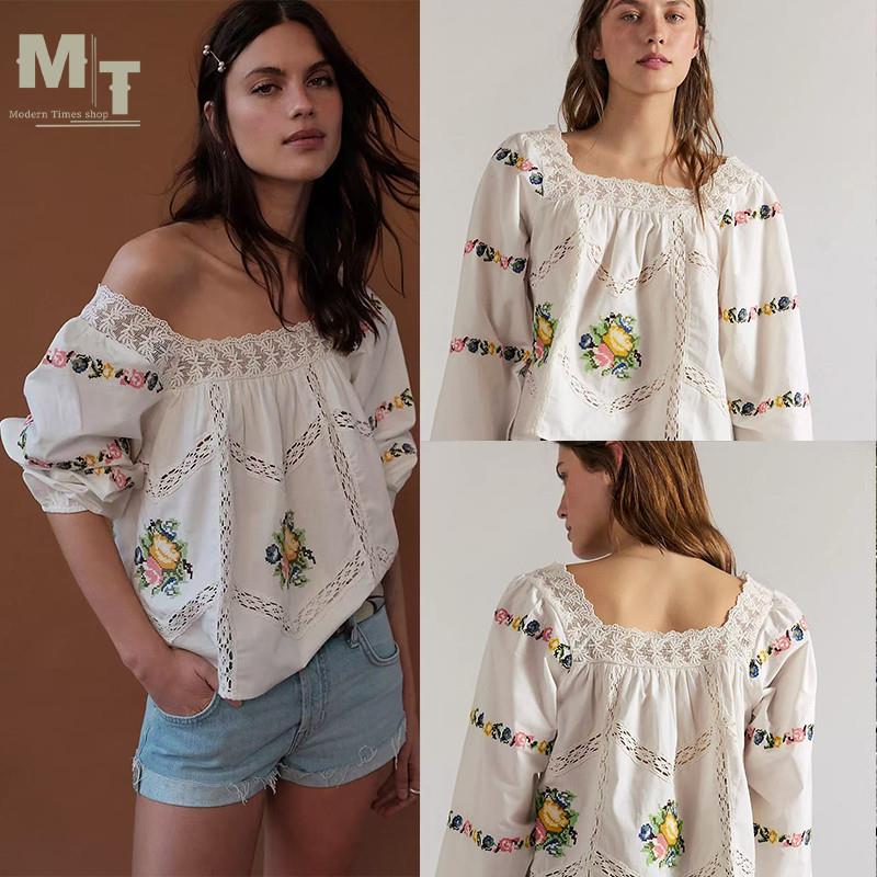 Free People 26夏季蕾丝方领镂空柠檬刺绣宽松泡泡袖衬衫