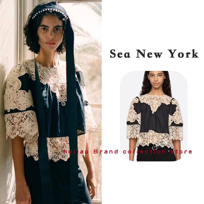 煳椒正品 Sea New York 复古蕾丝刺绣拼接镂空七分袖衬衫上衣