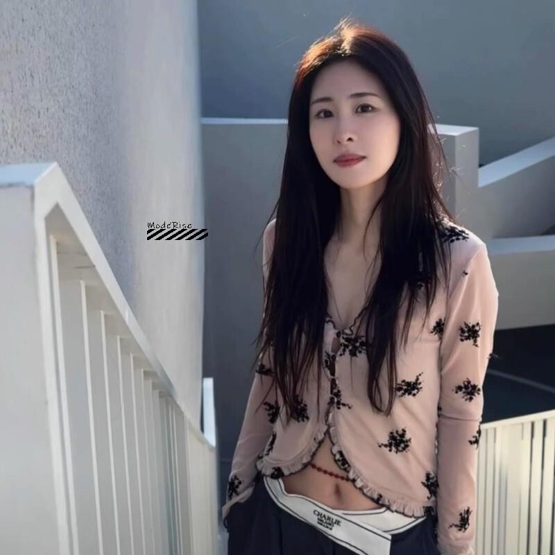折扣现货 Motel Rocks 张碧晨同款裸色碎花荷叶边半透喇叭袖开衫