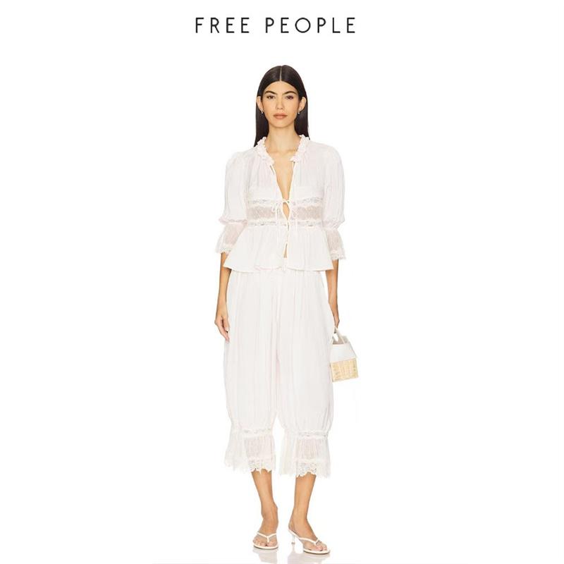 Free People 法式浪漫风蕾丝灯笼袖薄款通勤上衣裤子