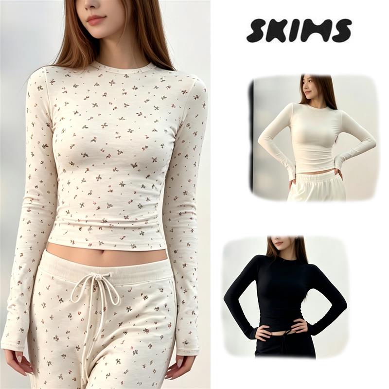 skims长袖卡戴珊Cotton Jersey塑身衣棉运动上衣T恤