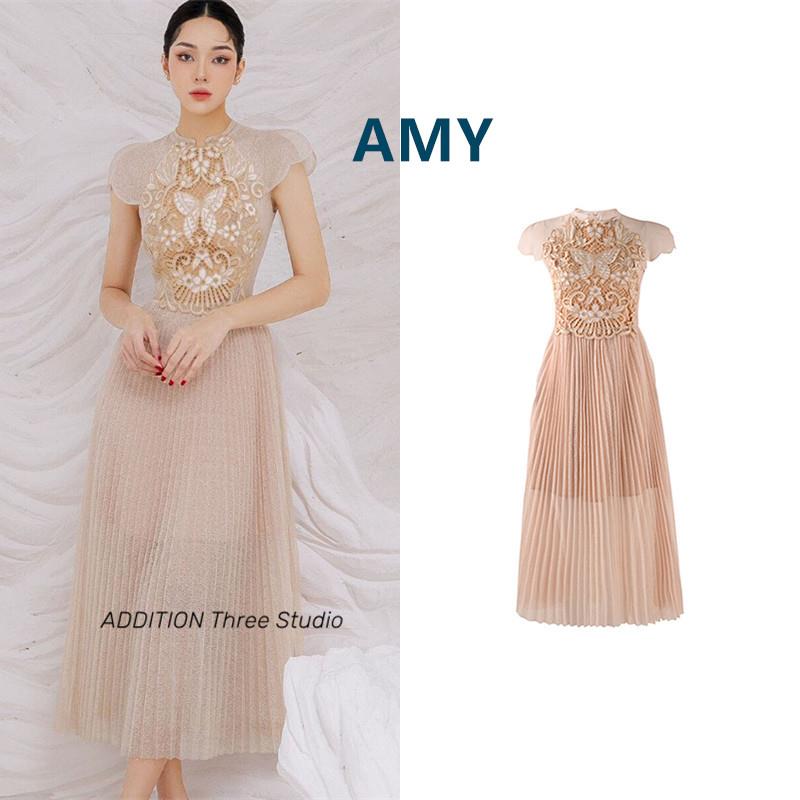 越南小众 AMY 23夏季新款超仙刺绣蕾丝立体蝴蝶百褶高腰连衣裙女