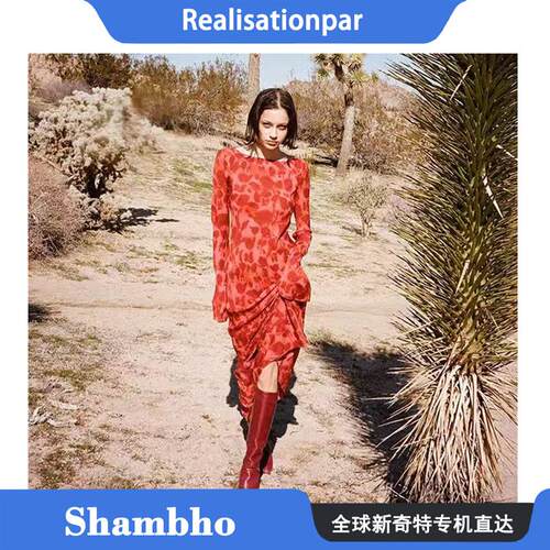 Shambho正品Realisation 方领法式复古斜裁喇叭袖修身洋装