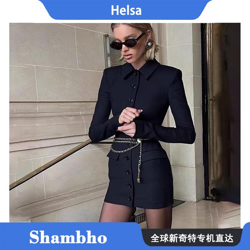 Shambho正品 Helsa 新款气质修身翻领西装领收腰显瘦长袖洋装