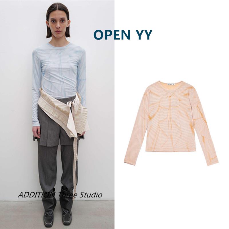正品 OPEN YY 25春夏新款气质圆领蝴蝶结印花网纱微透长袖T恤上衣