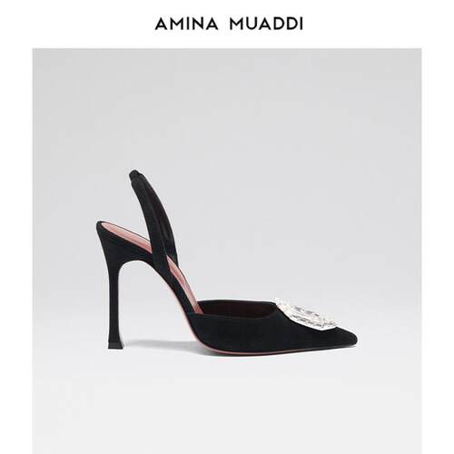 折扣价Amina Muaddi 方扣水钻真丝尖头细跟高跟鞋