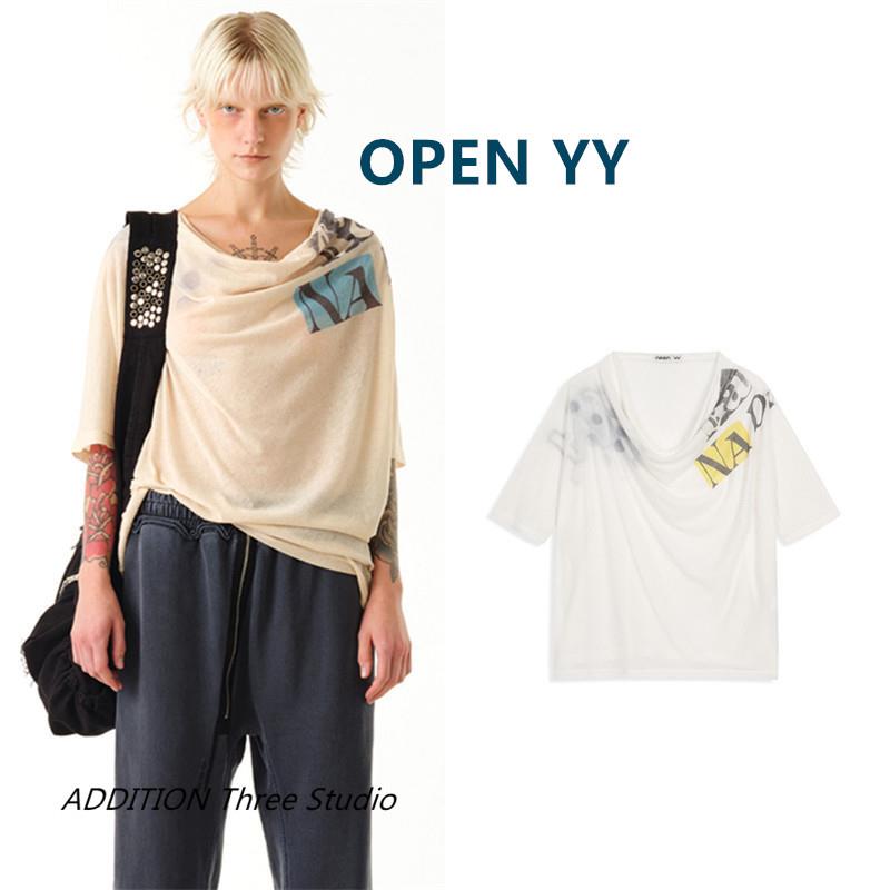韩国 OPEN YY 26春夏新款柔软堆堆领字母印花轻薄微透宽松短袖T恤
