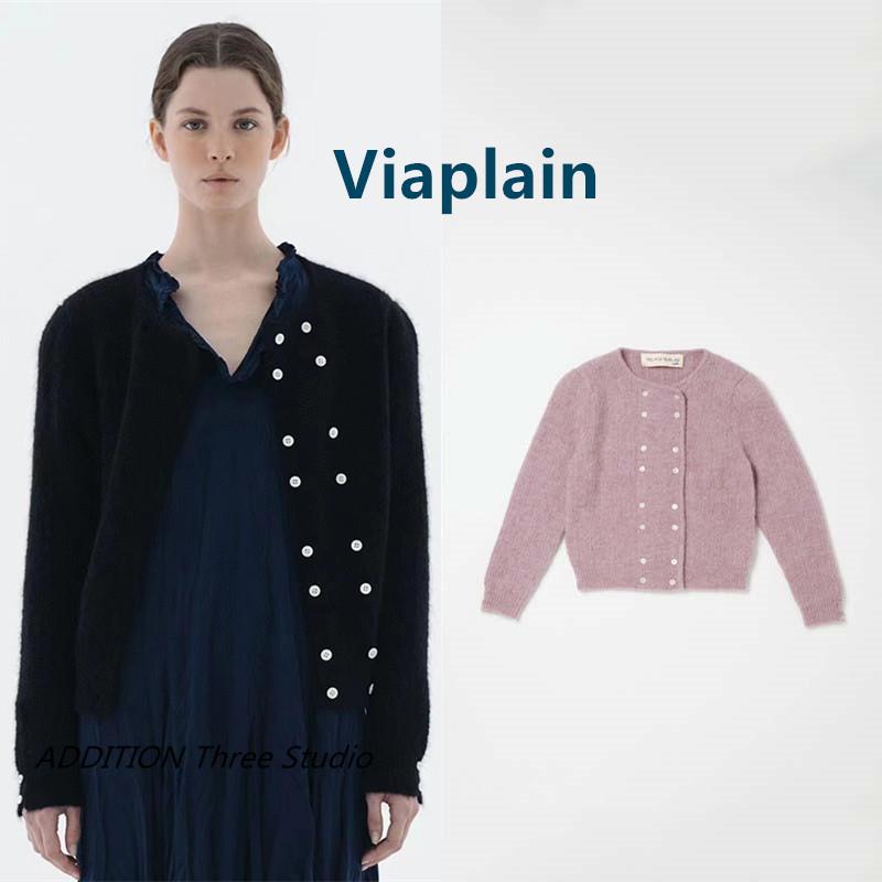 少现 Viaplain 秋冬款简约气质圆领双排扣宽松长袖针织开衫外套女