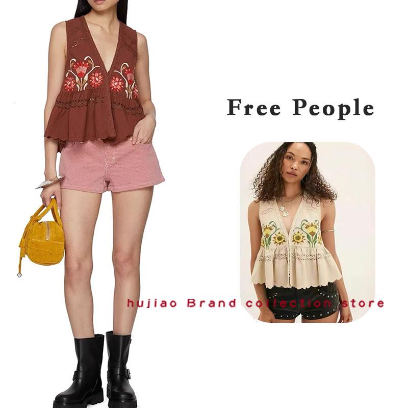 煳椒正品 Free People 花卉刺绣深V领蕾丝花边拼接背心马甲上衣