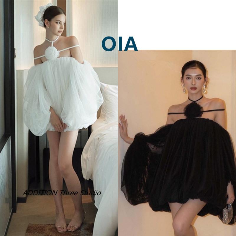越南 OIA 夏款性感抹胸一字肩立体花朵挂脖网纱灯笼袖花苞连衣裙