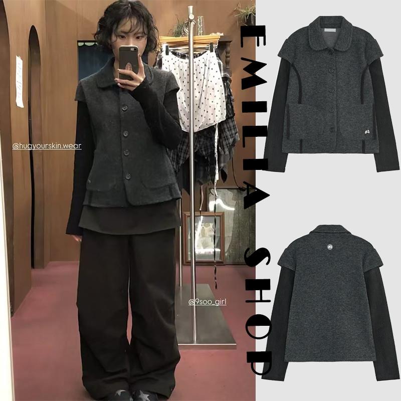 买手店韩国正品现货hugyourskin外套娃娃领针织毛呢长袖针织夹克