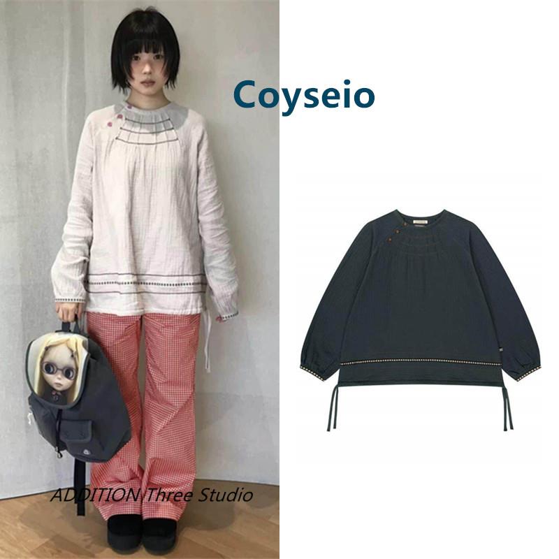 韩国 Coyseio 26早春新款圆领宽松褶皱纹理抽绳拼接长袖衬衫上衣