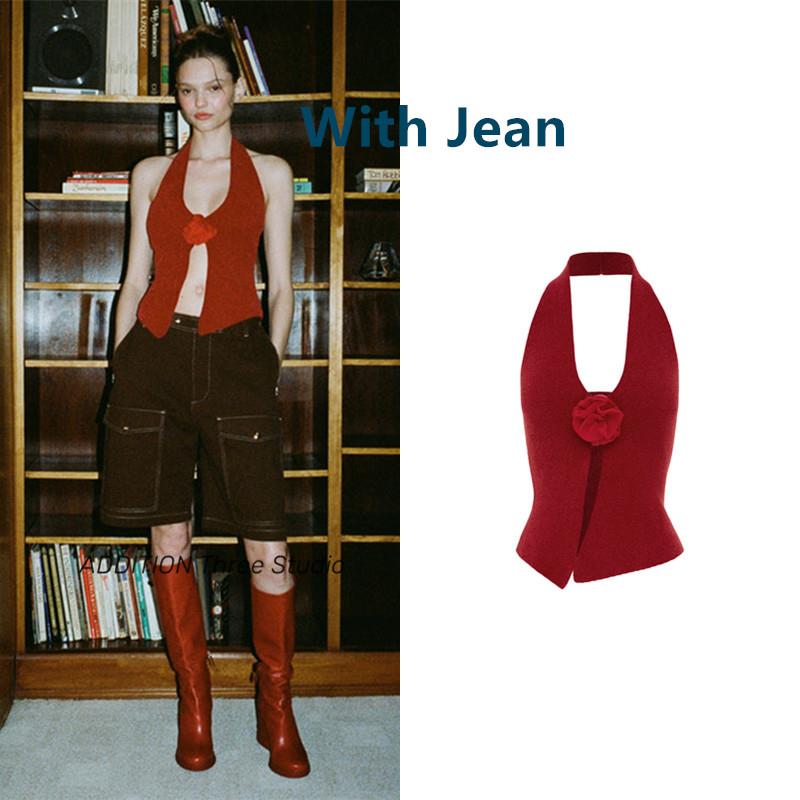 现货 With Jean 新款红色立体玫瑰花开叉性感挂脖款露背吊带上衣