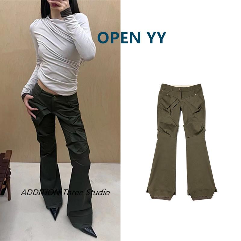 正品 OPEN YY 25春夏新款酷辣低腰不规则抽褶工装微喇叭休闲裤女