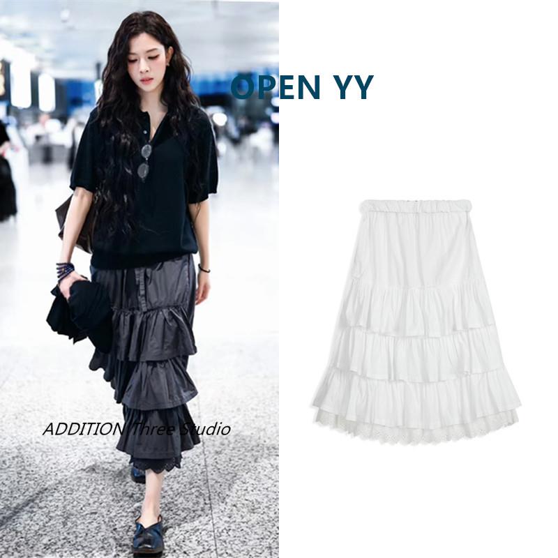 韩国 OPEN YY 25夏季新品宋妍菲同款高腰多层次褶皱蛋糕半身裙女