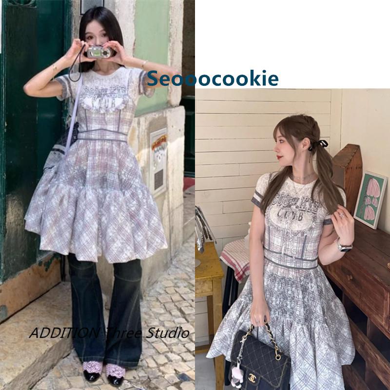 韩国 Seooocookie 25夏新款款甜美减龄蝴蝶结绑带蕾丝格纹连衣裙