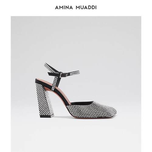 折扣Amina Muaddi 水晶钻方头玛丽珍浅口粗跟高跟鞋