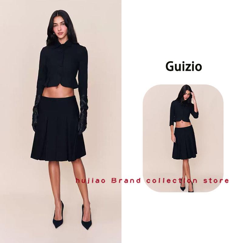 煳椒正品 Guizio 新款黑色娃娃领西装外套褶皱半身裙套装