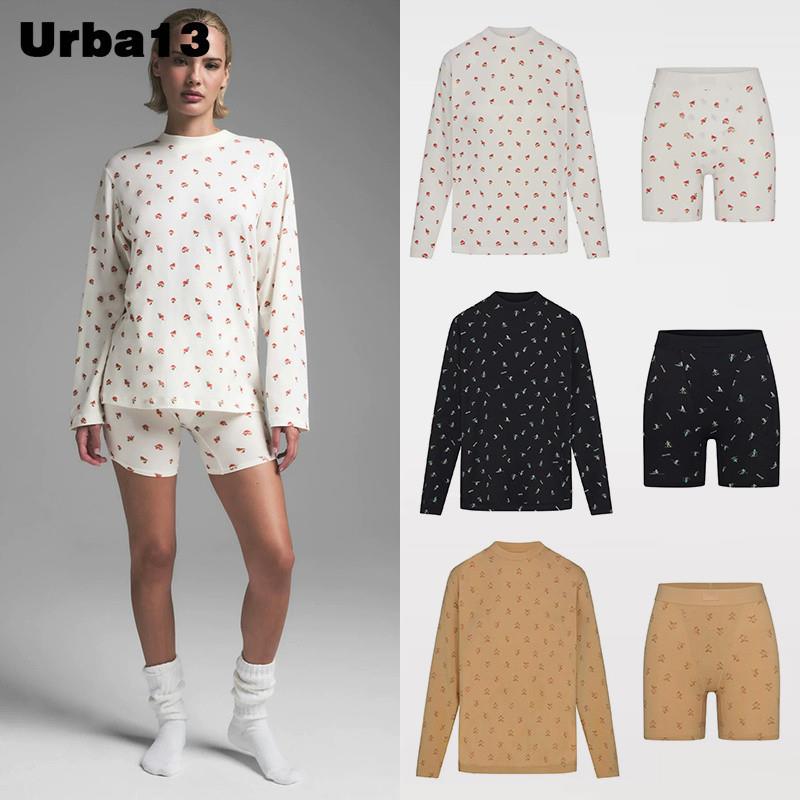 Urba13买手店正品现货SKIMS打底长袖印花莫代尔休闲家居短裤套装