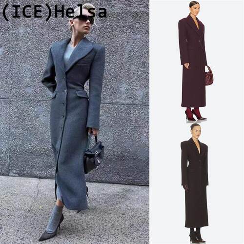 ice买手店正品现货Helsa复古大翻领单排扣收腰毛呢外套大衣风衣女