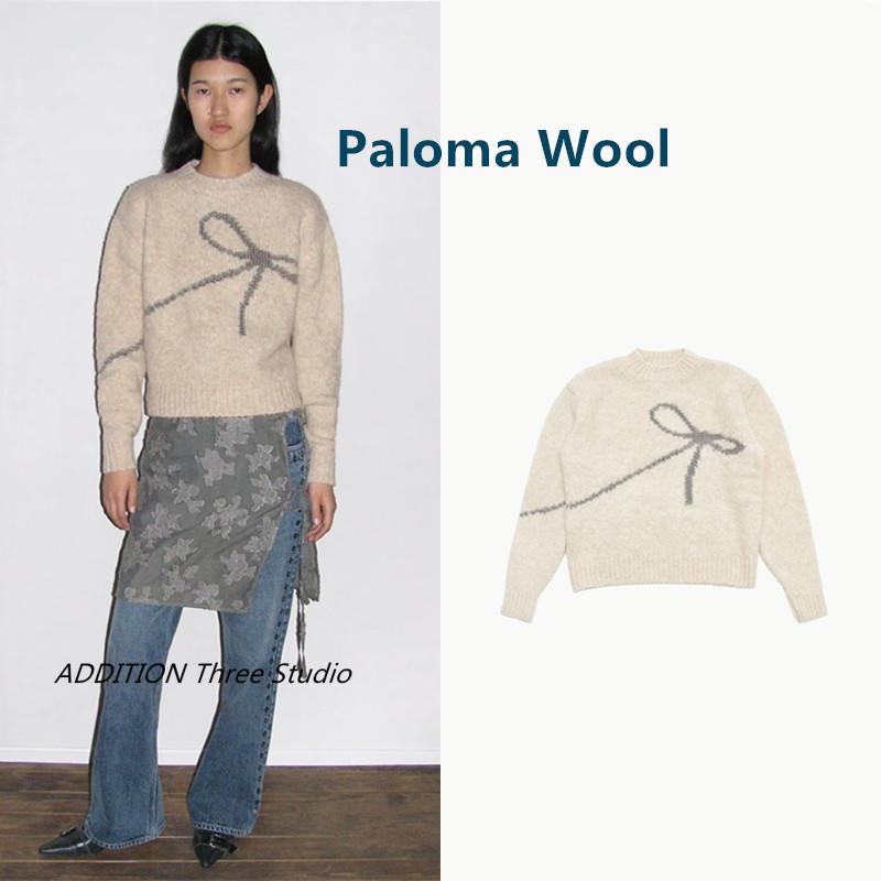 折扣少现Paloma Wool 23秋冬新款圆领蝴蝶结丝带嵌花宽松长袖毛衣