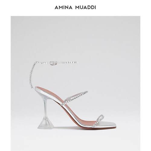 Amina Muaddi 小众设计感一字带水钻方头高跟凉鞋
