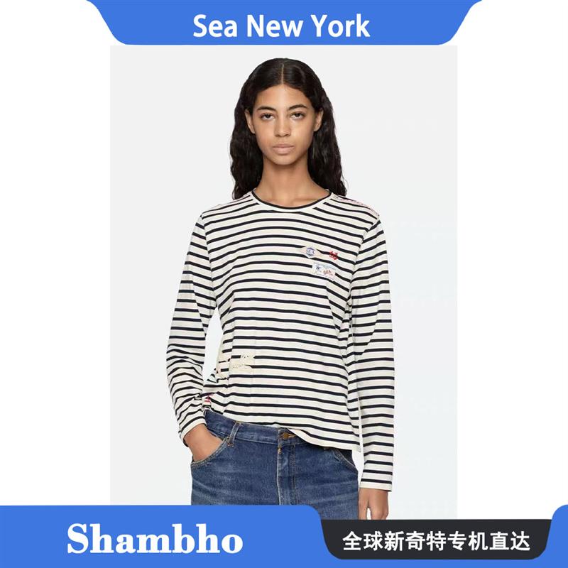 Shambho正品 Sea New York 新款法式条纹纯棉蕾丝贴花上衣T恤