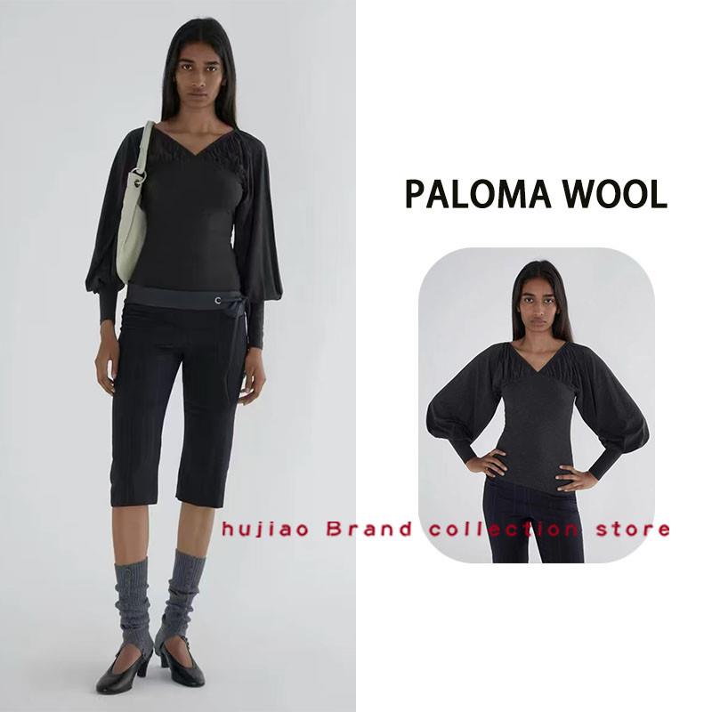 煳椒正品 PALOMA WOOL 新款V领褶皱拼接修身灯笼袖长袖上衣T恤