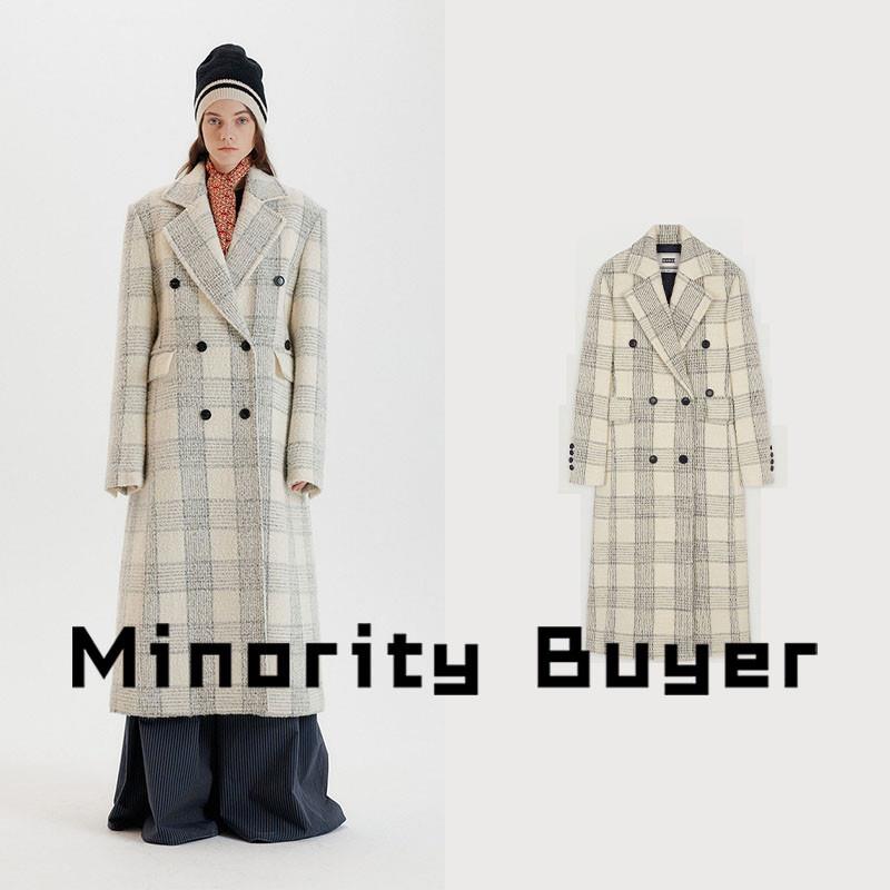 Minority买手店 EENK 灰白色格纹双排扣西装领口袋中长版长袖大衣