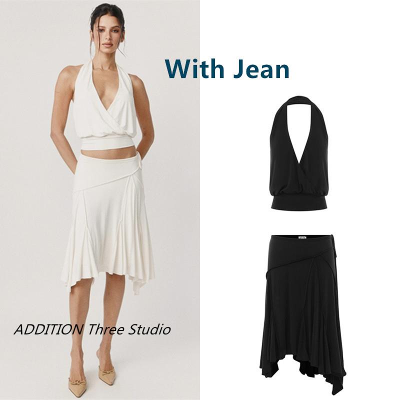 正品 With Jean 25春夏款辣妹深V领挂脖露背背心不规则下摆半身裙