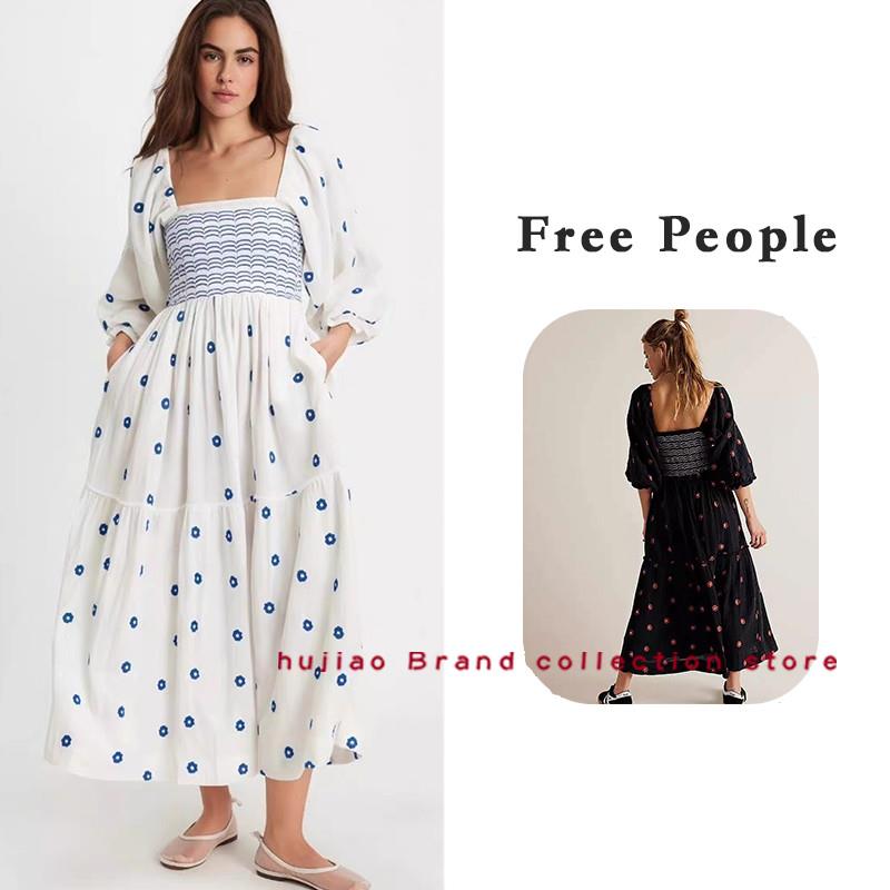 煳椒正品 Free People 方领花朵刺绣抹胸打揽泡泡袖显瘦洋装