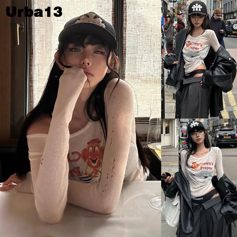Urba13买手店现货正品praying长袖小丑字母印花破洞透视上衣T恤