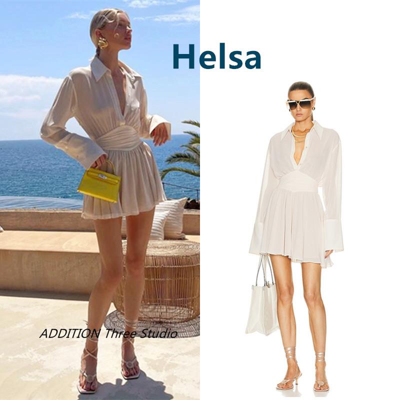 折扣 Helsa 春夏款Elsa Hosk同款气质网纱透视收腰长袖衬衫连衣裙