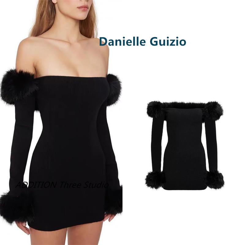 少现 Danielle Guizio 秋冬款黑色一字领皮草抹胸长袖礼服连衣裙