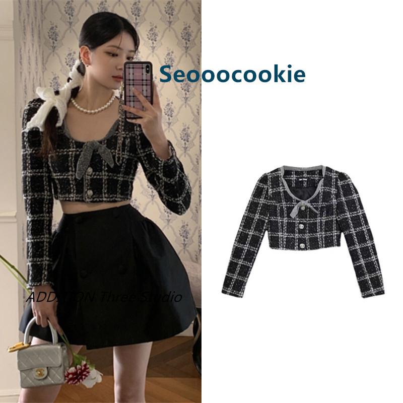 韩国现货Seooocookie 新款黑色格子蝴蝶结小香风露腰修身短款外套
