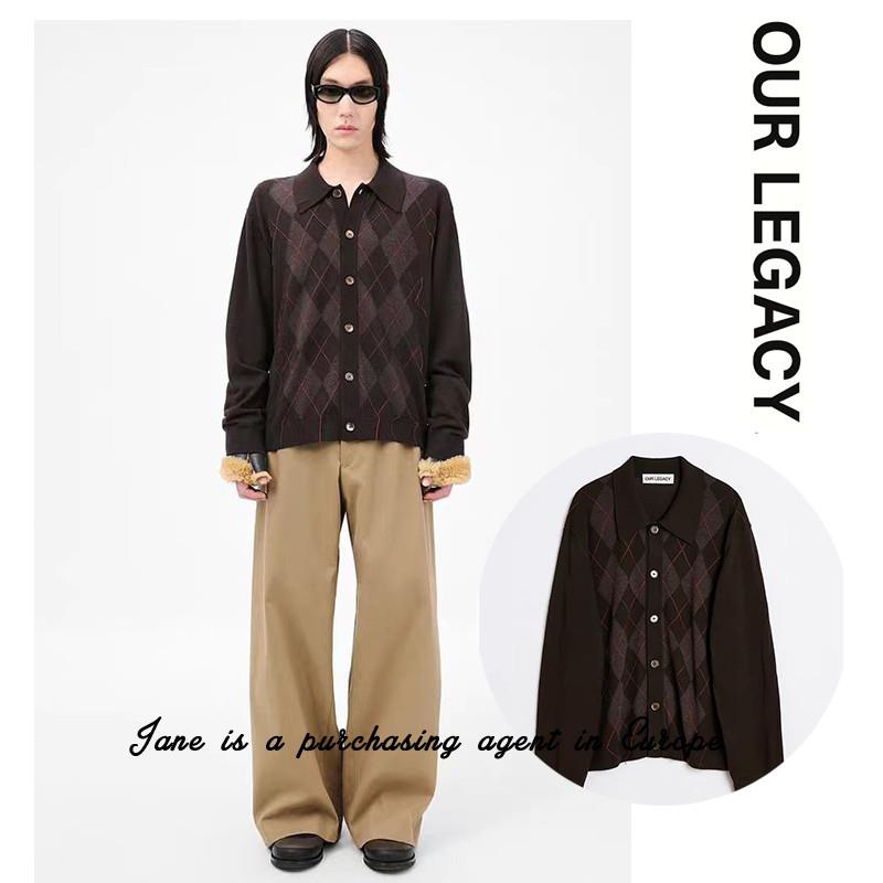 国现 Our Legacy 新款学院风针织深棕色羊毛菱格纹翻领开衫上衣服